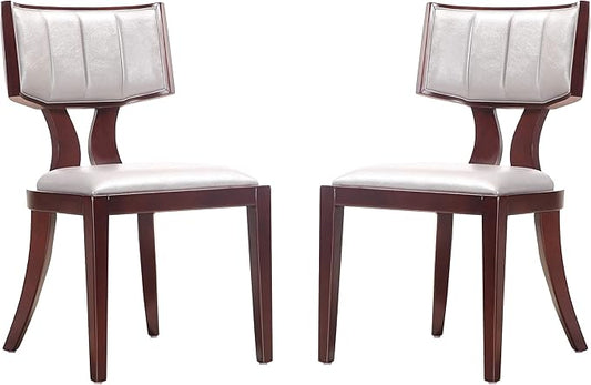 Manhattan Comfort Pulitzer Faux Leather Dining Chairs Set of 2, Solid Beech Wood with Walnut Finish, Iconic Greek Design, Fully Assembled Accent Kitchen Furniture, Silver