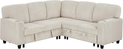 Ball & Cast Modular Sectional Sleeper Sofa Bed,L-Shaped Couch W/Pull Out Bed and USB Charging,Cupholders&Storage Seats,Convertible Sleeper Sofa Beds for Living Room,Apartment,Corduroy Fabric,Beige,81"