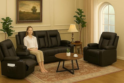 LUCKLIFE Leather Recliner Sofa Set with Manual Recliners,Living Room Furniture Set with Reclining Couch,Loveseat and Armchair,Living Room Chair with Cup Holders,Black (3+1+1)