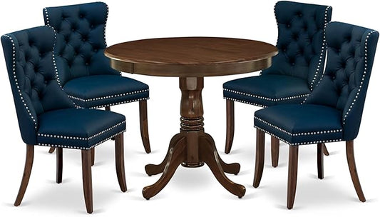 East West Furniture ANDA5-AWA-29 5 Piece Kitchen Table & Chairs Set Contains a Round Dining Table with Pedestal and 4 Polyester Fabric Upholstered Chairs, 36x36 Inch, Antique Walnut