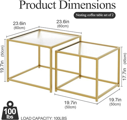 Garden 4 you Coffee Table Set of 2, Modern Patterned Glass Nesting Table, Metal Frame Square Center Table Set, Side Tables, Nesting Coffee Table for Living Room, Bedroom and Small Spaces, 23.6in Gold