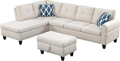 Ball & Cast 98" L Shaped Sectional Couch for Living Room with Storage Ottoman & Nailhead Trim,4 Seat Linen Upholstered Modular Sectional Sofa Set 3 PCS W/Chaise & Cup Holders,for Home,Office,Beige