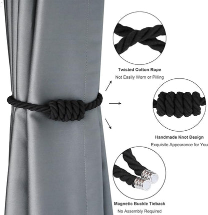 BEL AVENIR Magnetic Cotton Curtain Tiebacks, Decorative Drapery Holdbacks Modern Woven Tie-Backs with Exquisite Knot (Black Cotton, 4 Pack)