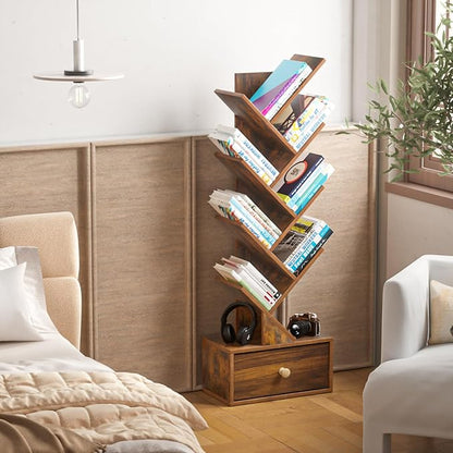 8 Tier Tree Bookshelf with Drawer, Free Standing Wood Bookcase for Narrow Space, Storage Organizer Bookshelves for Books, Book Case for Home Office, Living Room, Bedroom, Rustic Brown