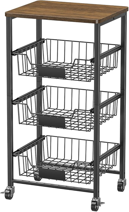 Kitchen Storage Cart with Wheels, 4-Tier Metal Utility Rolling Cart Fruit Vegetable Storage Basket Pantry Rack with Wood Top & Pull Out Baskets for Kitchen, Livingroom, Diningroom, Office