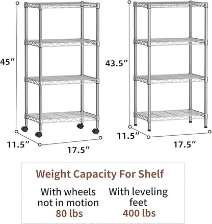 SINGAYE 4 Small Shelves Storage Shelf Wire Shelving Unit Metal Shelf Adjustable Organizers Storage Shelving with Wheels for Bathroom Laundry Room Kitchen Pantry