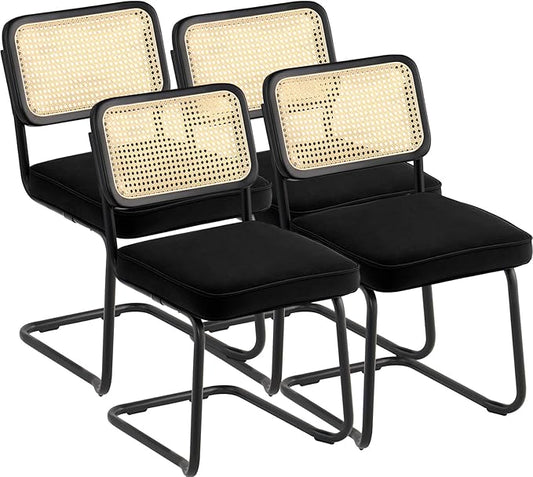 VEVOR Rattan Dining Chairs Set of 4, Mid Century Modern Dining Chair, Upholstered Velvet Accent Chair with Rattan Back, Retro Dining Room Kitchen Chair for Living Room, Bedroom (18.1 Inch)