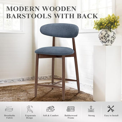COLAMY Mid Century Modern Bar Stools Set of 4, Counter Height, Blue Fabric Upholstered Wooden Barstools with Back, 25 Inch