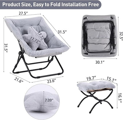 Welnow Comfy Saucer Chair with Ottoman, Oversized Folding Reading Chair for Adults with Throw Pillow Soft Faux Fur Lounge Chair for Bedroom Furry Accent Chair for Living Room, Dorm Rooms, Grey