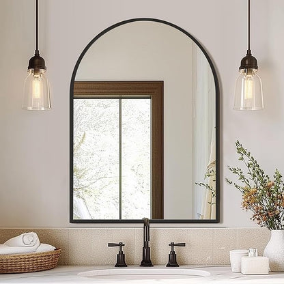 FICTOR Bathroom Vanity Mirror for Wall,40”x30” Large Arched Metal Framed Bathroom Mirror for Over Sink,Entryway, Living Room,Bedroom(Black)