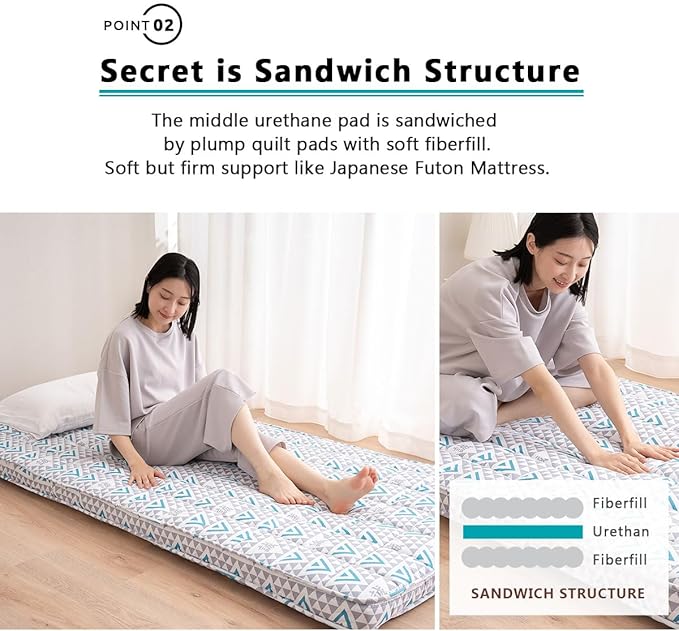 EMOOR Japanese Padded Futon Mattress Machi Full Triangle-Gray (Shinsengumi Makoto), Gusset Foldable Storable Elastic Bands Floor Sleeping Guest Bed Tatami Mat