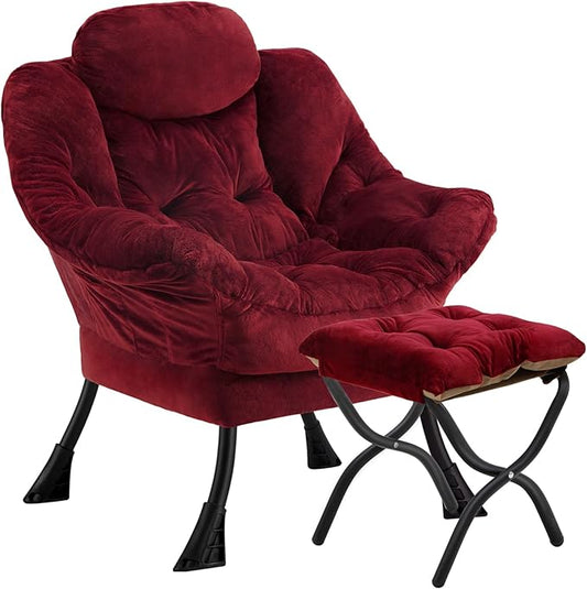Lazy Chair with Folding Ottoman,Leisure Sofa Chair,Soft Fabric Armchair with Armrests and Side Pockets, Reading Chair with Footrest for Living Room, Bedroom, Office (Plush Red)