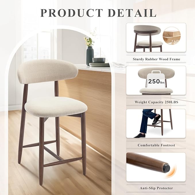 COLAMY Counter Height Bar Stools Set of 4, Kitchen Bar Stools with Back, Mid Century Modern Upholstered, with Wood Legs for Kitchen Island Dining Room, Beige