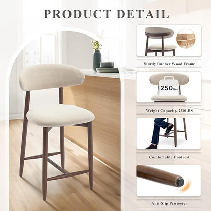 COLAMY Counter Height Bar Stools Set of 4, Kitchen Bar Stools with Back, Mid Century Modern Upholstered Bar Stools with Wood Legs for Kitchen Island Dining Room Bar, Beige