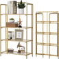 Crofy No Assembly Folding Bookshelf for Living Room, 4 Tier Gold Collapsible Book Shelf for Home Office, Portable Bookcase Storage Organizer