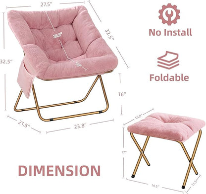 Comfy Saucer Chair for Adults, Foldable Living Room Chairs, Soft Faux Fur Lounge Chair for Bedroom, Reading Chairs, X-Large (Ottoman-Pink)