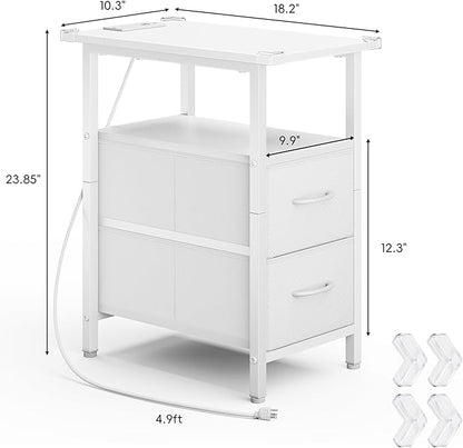 Vagusicc End Table with Charging Station Set of 2, Narrow Side Table, 23.8'' Tall Nightstand with 2 Drawers, Small Sofa Side Table Narrow Nightstand for Small Spaces, Living Room, Bedroom, White