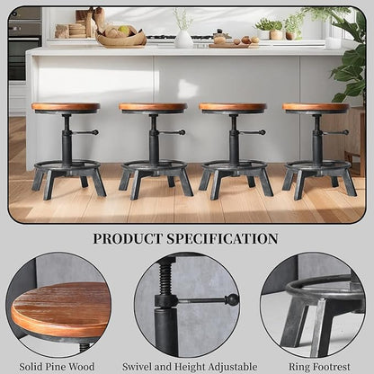 Set of 2-Industrial Bar Stool-Counter Height Chairs- Swivel Wooden Seat- Adjustable 15.2-21"