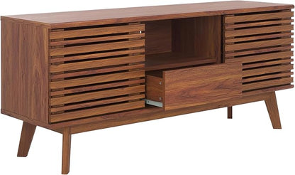 SAFAVIEH ESMA TV Stand for up to 60" Flatscreen – Walnut Brown, Low Sideboard with 2 Sliding Doors, 1 Open Shelf, 1 Drawer, Entertainment Media Console (MED9638A)