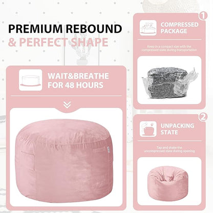 HABUTWAY Bean Bag Chair 3Ft Luxurious Velvet Ultra Soft Fur with High Rebound Memory Foam Bean Bag Chairs for Adults Plush Lazy Sofa with Fluffy Sponge 3' (Pink)