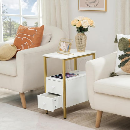 HOOBRO End Table with Charging Station, Narrow Side Table with 2 Drawer & USB Ports & Power Outlets, Nightstand for Small Spaces, Stable and Sturdy, for Living Room, Bedroom, Gold and White DW541BZ01