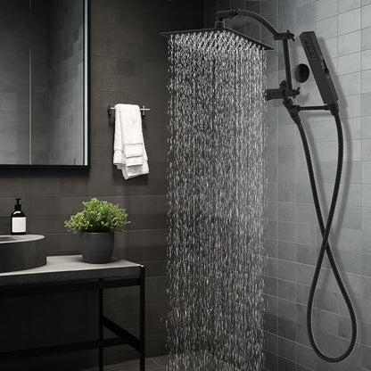 Hibbent All Metal 8'' Rainfall Shower Head, Square Shower Head Combo, High Pressure Handheld Shower Wand, 4 Sprays, 16'' Adjustable Arc-shaped Extension Arm, 71'' Hose, Showerhead Holder, Matte Black