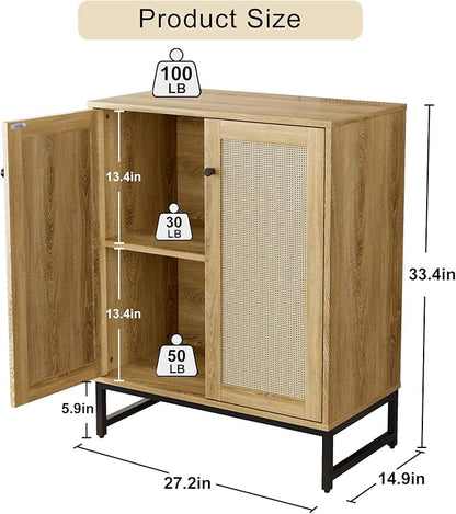 Sideboard Buffet Cabinet, Storage Cabinet with Double Rattan Doors, Modern Rattan Sideboard Cabinet, Kitchen Storage Cabinet with Metal Feet, for Entryway, Bedroom, Living Room (Natural Wood)