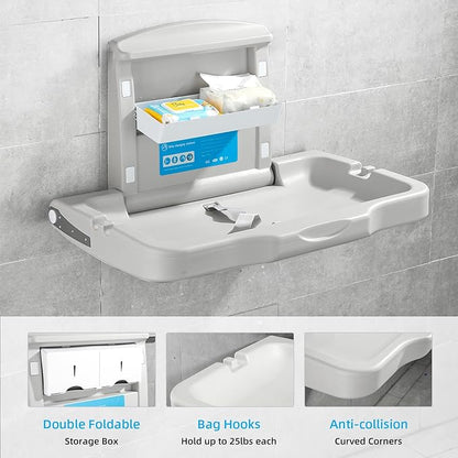 Fold-Down Baby Changing Diaper Station - Horizontal Wall Mounted, Sturdy & Durable with Safety Straps for Commercial Bathrooms(1 White Granite)