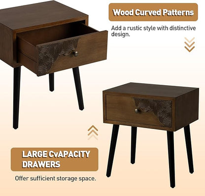 COSIEST Nightstand with Storage Drawer, Mid Century Modern Nightstand, Accent Side Table, Vintage Wood Luxury Night Stand Small Wood End Table for Bedroom, Living Room, Walnut