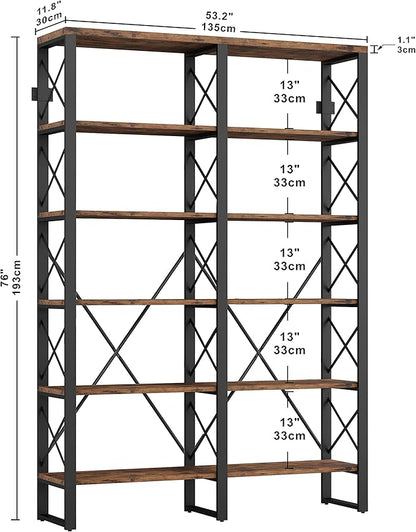 IRONCK Bookshelf Double Wide 6-Tier 76" H, Open Large Bookcase, Industrial Style Shelves, Wood and Metal Bookshelves for Home Office, Easy Assembly