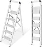 KINGRACK Aluminium 5 Step Ladder, Lightweight Step Stool with Non-Skid Pedals, Handrail, Foldable Step Ladder for Kitchen, Garage, Home, Space Saving, Sturdy and Portable, Silver