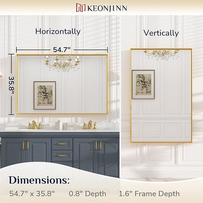 Keonjinn Brushed Gold Bathroom Mirror 55 x 36 Inch, Large Gold Vanity Mirror for Wall, Metal Frame,Rectangle Square Corner, Oversized, Modern Farmhouse(Horizontal/Vertical)