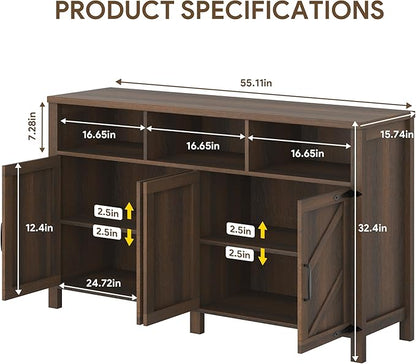 Buffet Sideboard with Storage Farmhouse with 4 Doors, 55'' Large Kitchen Storage Cabinet Wood Coffee Bar Cabinet Buffet Table with Shelves for Kitchen, Dining Room, Entryway (Brown, 55in)