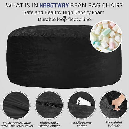 HABUTWAY Bean Bag Chair: Giant 5' Memory Foam Furniture Bean Bag Chairs for Adults with Microfiber Cover 5Ft (Black)