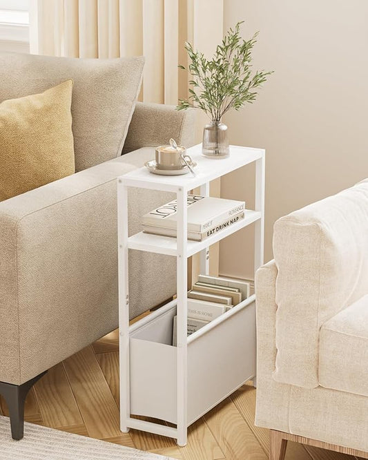 Narrow Side Table, 3-Tier Side Table with Storage Bag, Narrow Nightstand for Small Spaces, Bedside Table for Living Room, Bedroom, White