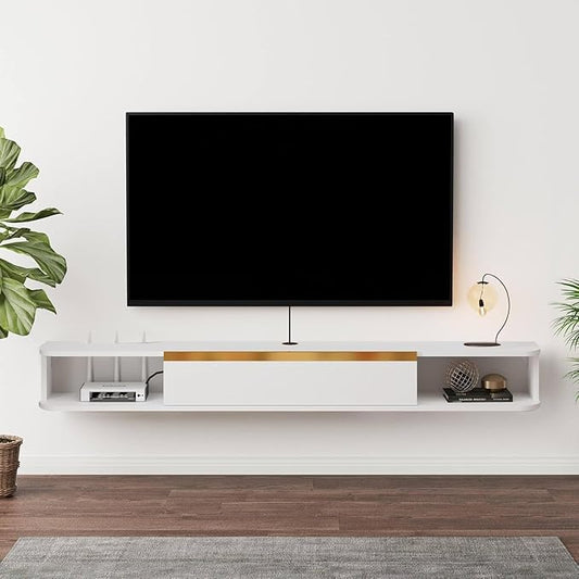 Floating TV Stand, 55'' Wall Mounted Entertainment Center TV Media Console, Floating Shelves with Door, Floating TV Cabinet Large Storage TV Bench for Living Room (White, 55.11IN)