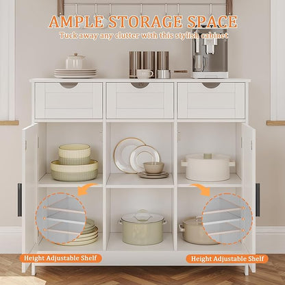 Storage Cabinet, Coffee Bar Cabinet with 2 Adjustable Shelves, 3 Drawers, and 2 Doors, for Bathroom, Kitchen, Living Room (White)