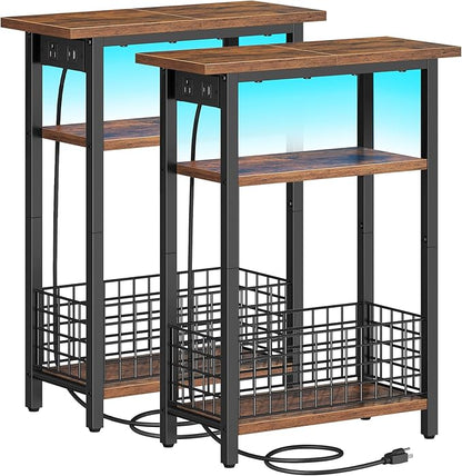 HOOBRO Narrow Side Table with Charging Station and LED Light, Set of 2, Small End Table with Storage, Skinny Nightstand Slim Bedside Table for Small Spaces, Living Room, Rustic Brown BF242UDBZP201