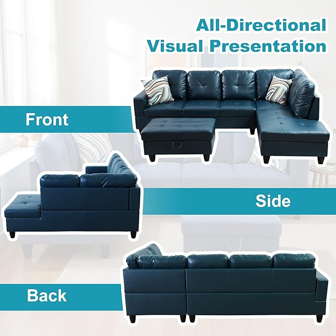 Couches for Living Room PU Leather L Shaped Couch Comfy 3 Pieces Sectional Sofa with Chaise, Ottoman with Storage for Office and Small Apartment, Peacock Blue