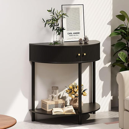 Fluted Half Moon Console Table 2 Tier Narrow Entryway Table with Storage for Small Space Modern Wood Sofa Table with Doors and Gold Knobs Boho Home Decor