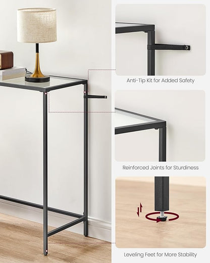 VASAGLE 39.4 Inches Console Table, Tempered Glass Sofa Table, Modern Entryway Table, Metal Frame, Easy to Assemble, Adjustable Feet, for Living Room, Hallway, Black ULGT026B01