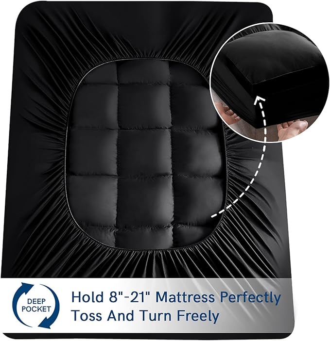 ELEMUSE Full XL Black Mattress Topper for Back Pain, Extra Thick Mattress Pad Cover, Plush Soft Pillowtop with Elastic Deep Pocket, Overfilled Down Alternative Filling