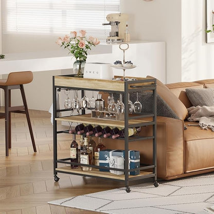 BON AUGURE Bar Cart for The Home, Bar Serving Carts on Wheels, 3 Tier Storage Drink Trolley, Rolling Wood and Metal Liquor Beverage Cart (Vintage Oak)