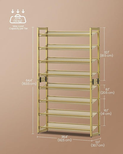 SONGMICS Shoe Rack, 8-Tier Shoe Organizer, Metal Rack for Garage, Set of 2, 4-Tier Stackable Shelf, with Adjustable Flat or Angled Shelves, 32-40 Pairs, Pale Gold ULMR08A02