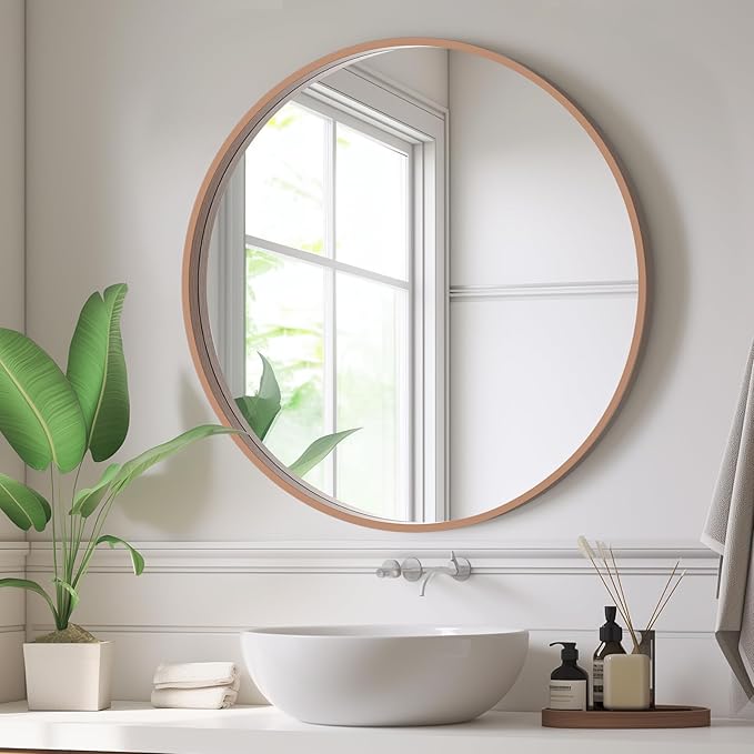 HOMECOOKIN Round Wood Mirror, 24" Round Bathroom Wall Mirror Circle Mirrors for Wall Decor, Vanity, Living Room, Bedroom, Entryway, Walnut