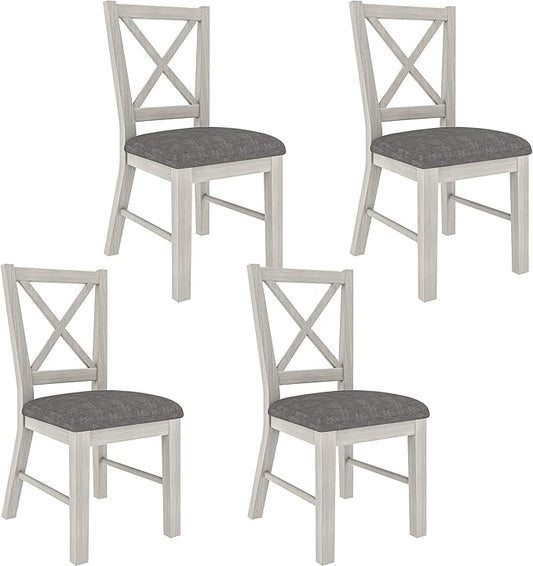 Solid Wood Dining Chairs Set of 4, Farmhouse Chairs with High Cross Back and Upholstered Seat, Easy Assembly for Dining Room, Kitchen, Washed Gray
