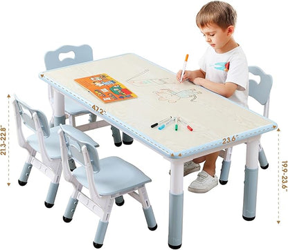Kids Table and Chairs Set, Height Adjustable Desk With 6 Seats for Ages 3-12,Arts & Crafts Table,Graffiti Desktop, Non-Slip Legs, Max 300lbs, Children Multi-Activity Table for Classrooms,Daycares,Home