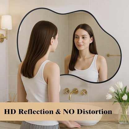 WEER Irregular Wall Mirror, 24x36 inch Black Asymmetrical Mirror Wall Mounted Mirrors Decorative, Abstract Wavy Aluminum Alloy Frame Mirror for Bathroom, Bedroom, Living Room, Entryway
