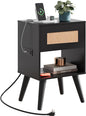 WLIVE Black Rattan Night Stand with Charger Station, Small Side Table Drawer Storage and Shelf, Mid Century Nightstands with Rattan Decor, Small Side Table for Bedroom, Black