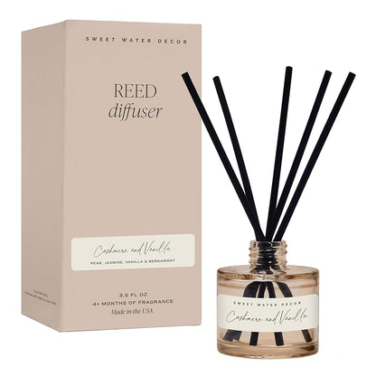 Sweet Water Decor Cashmere and Vanilla Reed Diffuser – Room Decor Aesthetic with Long-Lasting Premium Fragrance of Milky Coconut, Jasmine, Soft Cashmere, and Pear, for 4 Months – Ideal for Home Decor